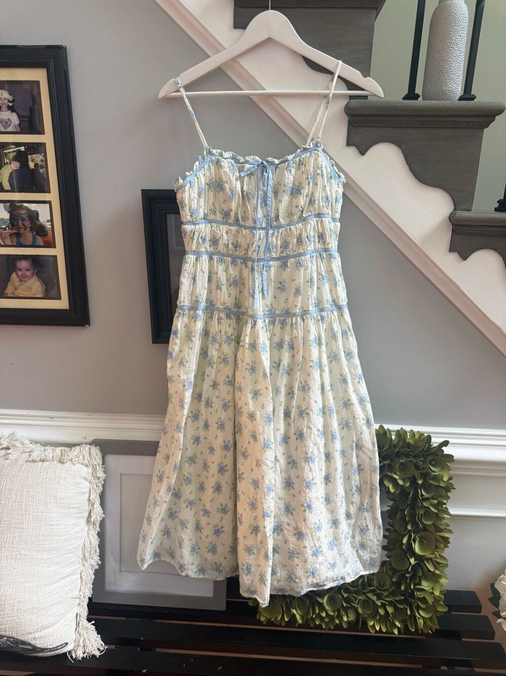 Storia Gauzy Blue Flower Smocked Coquette Sundress sz M EUC